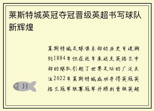 莱斯特城英冠夺冠晋级英超书写球队新辉煌 莱斯特城英冠夺冠晋级英超书写球队新辉煌